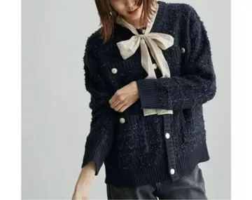 [ 완판템 ] 로페피크닉 골드 버튼 리본얀 니트 트위드 가디건