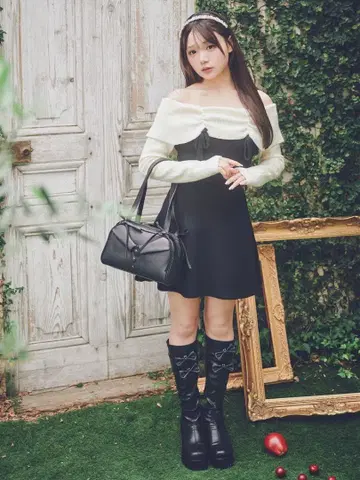 Meroir 미로와르 배색 오프숄더 니트 원피스 후리 후루사와 리사