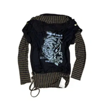 블랙 프린트 펑크 스트라이프 레이어드 오프숄더 택 포함 새상품