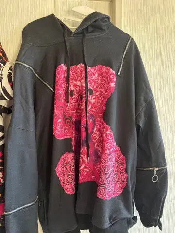 THICC 오버 사이즈 후드티 핑크 곰 무늬