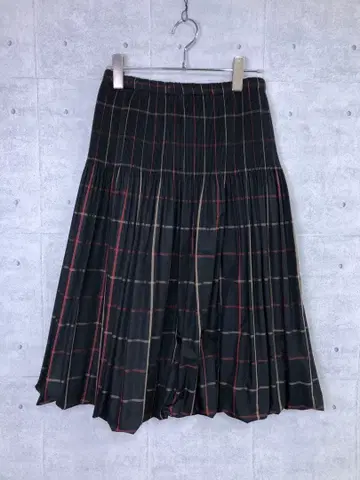 레트로 어반 시크 구제 의류 격자 무늬 탄력감 볼륨 플리츠 스커트