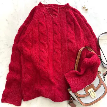 45rpm 45R 크루넥 케이블 니트 고급 울 레드 사이즈 1