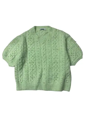 e217 ZARA 펄 장식 케이블 니트 반팔 스웨터 알파카 혼방