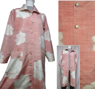 기모노 리메이크 살몬 핑크 명주 실크 튜닉 코트 좌우 패치 포켓 있음