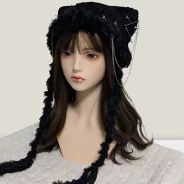 체인 달린 핸드메이드 고양이 귀 니트 모자 올 블랙 y2k 그런지