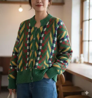 빈티지 크리스마스 컬러 니트 가디건 긴팔 여성용 그린