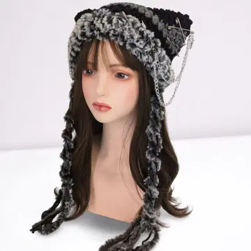 체인 달린 핸드메이드 고양이 귀 니트 모자 y2k 그런지 블랙