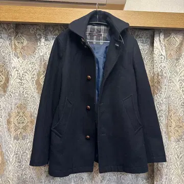 네이비 후드 부착 울 코트