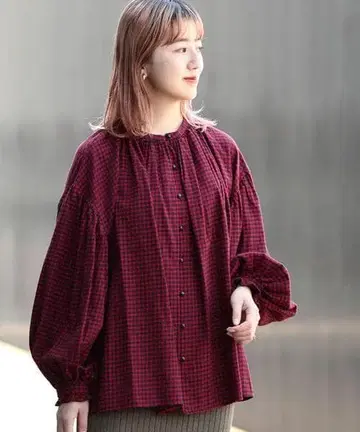 BEAMS BOY 체크 개더 스모크 레드