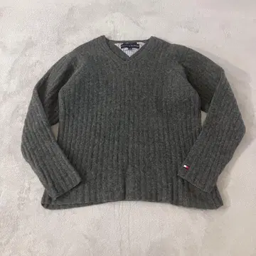 타미힐피거 라무 울 니트 그레이 자수 로고 M 사이즈 V넥