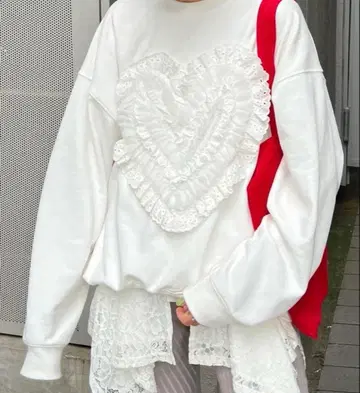 POPPY 여성용 코튼 레이스 하트 맨투맨 화이트