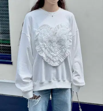 POPPY 여성용 코튼 레이스 하트 맨투맨 화이트