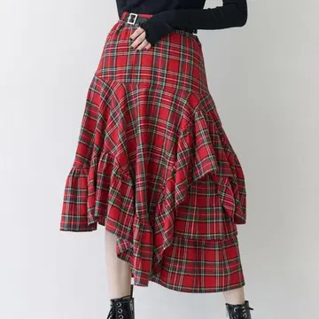 jouetie 불규칙 프릴 플레어 체크 스커트 레드 M 사이즈