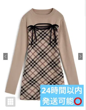 체크 무늬 프론트 오픈 리본 니트 미니 원피스 ru1372 GRL