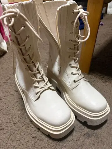 새상품, 미사용 R&E, 통굽 부츠, 신발, 부츠, 레이스업, 화이트