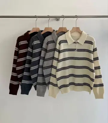 LYEON 보더 니트 피케 셔츠 차콜 그레이