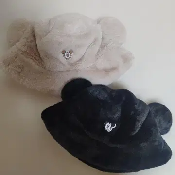 디즈니 미키 복슬복슬 퍼 버킷햇 블랙 베이지