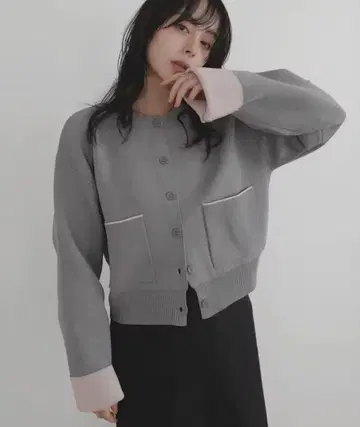 LIAN 바이컬러 니트 가디건 그레이