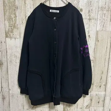 ROUROU 가디건 속기모 꽃무늬 자수 블랙 긴팔 울 혼방