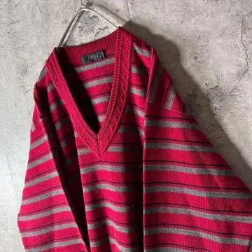 보더 니트 두꺼운 스웨터 V넥 원포인트 자수 와이드 소매 적자색 M