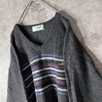 레어 XL V넥 울 니트 스웨터 센터 보더 원포인트 자수