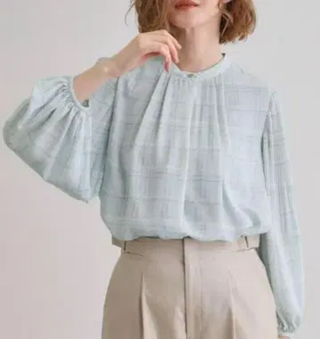 여성용 블라우스 체크 무늬 벌룬 소매 라이트 블루 셔츠