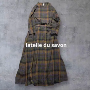 아틀리에 드 사봉 고급 린넨 믹스 가을 컬러 체크 드롭 숄더 원피스