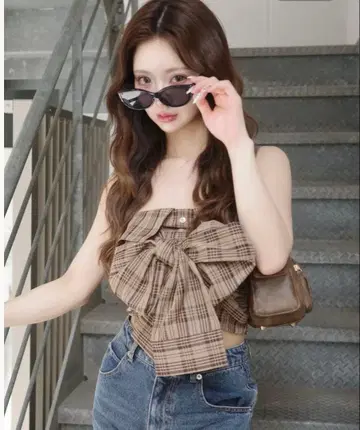 미사용 새상품 Darich 타탄 체크 리본 베어탑 베이지