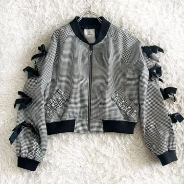 앙크루즈 리본 슬리브 프릴 블루종 체크 무늬