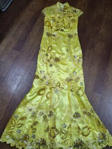 비즈 자수 옐로우 컬러 차이나 드레스 머메이드 라인