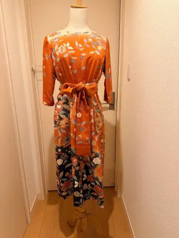 꽃무늬 오렌지 긴팔 원피스 기모노 리메이크 원피스