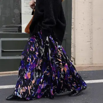 플로럴 개더 플리츠 롱 스커트