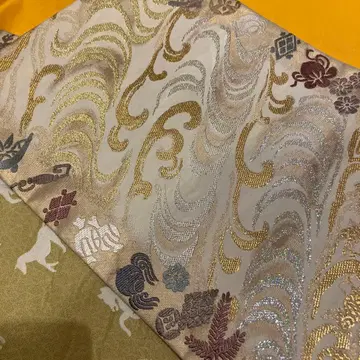 후쿠로 오비 골드 컬러 은색 파도 무늬 올리브 그린 말