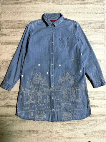 그라니프 데님 블루 자수 긴팔 셔츠 원피스