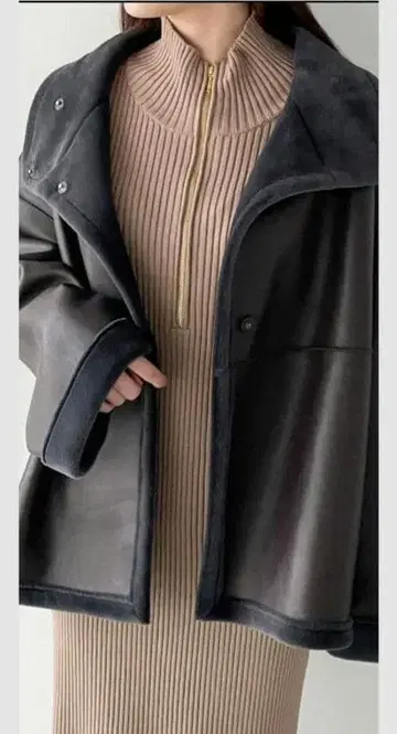 COCODEAL 가죽 인조 모피 리버서블 블루종 브라운 리버서블