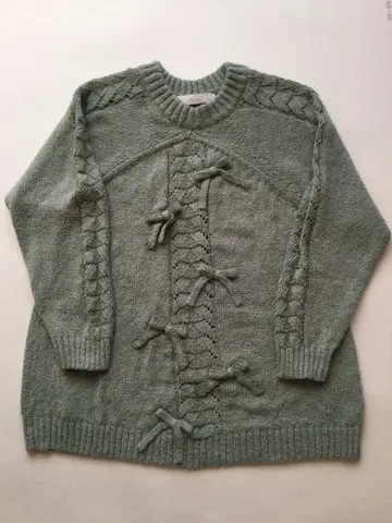 핑크하우스 리본 모티브 케이블 짜임 그린 스웨터 긴팔