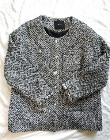 Re:EDIT 오버 사이즈 트위드 프린지 노카라 자켓