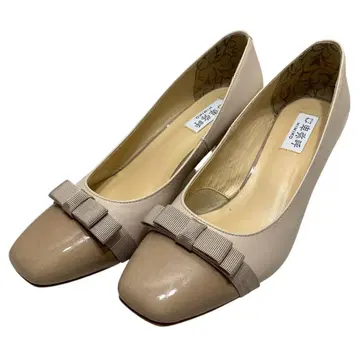 [ 새상품급 ] 히미코 (23.5) 펌프스 스퀘어토 배색 리본 천연 가죽