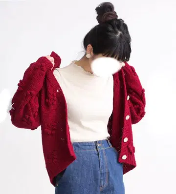 차일드우먼 손뜨개질 팝콘 가디건 빨간색 레드 완판템 레어