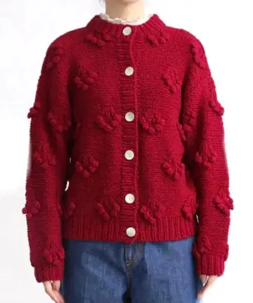 차일드우먼 손뜨개질 팝콘 가디건 빨간색 레드 완판템 니트