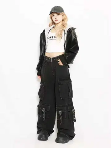 블랙 카고 팬츠 오버 사이즈 남녀 공용
