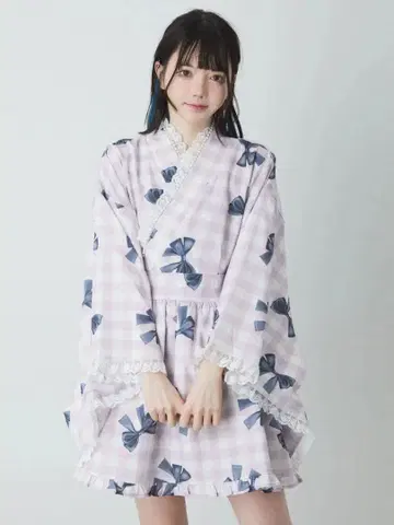 Ank Rouge 깅엄 리본 유카타 원피스 핑크