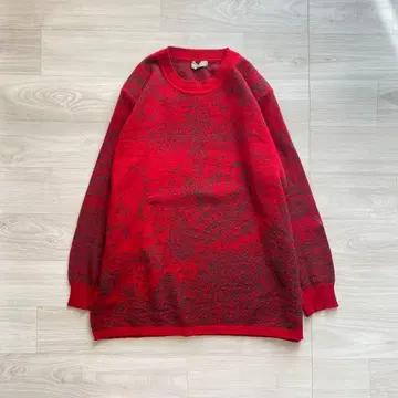 긴팔 니트 울 100% 스웨터 올 패턴 자카드 레드