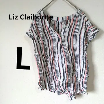 Liz Claiborne [ L ] 스트라이프 반팔 셔츠 블라우스 V넥
