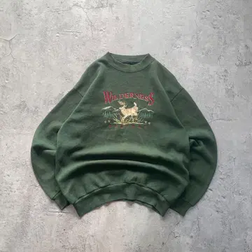 90s USA 구제 의류 애니멀 맨투맨 트레이닝복 사슴 자수 그린