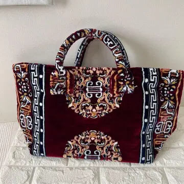 푸에브코 PUEBCO [새상품급] 러그 패브릭 백 토트 버건디 빨간색