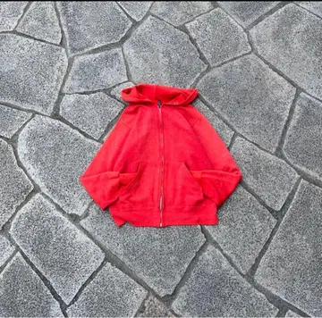 70~80s 빈티지 지퍼 후드티 무지 연어 레드 크롭 기장 빈티지