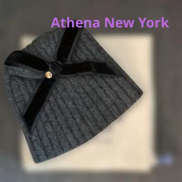 Athena New York 리브 니트 모자 벨벳 리본 포함