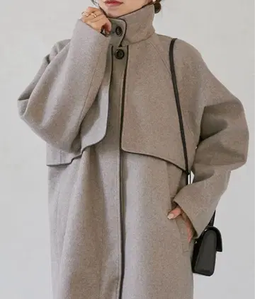 페이크 울 파이핑 스탠드 카라 코트