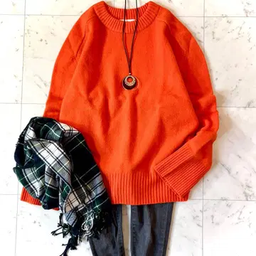 컨디션 최상 울 캐시미어 래글런 크루넥 니트 풀오버 오렌지